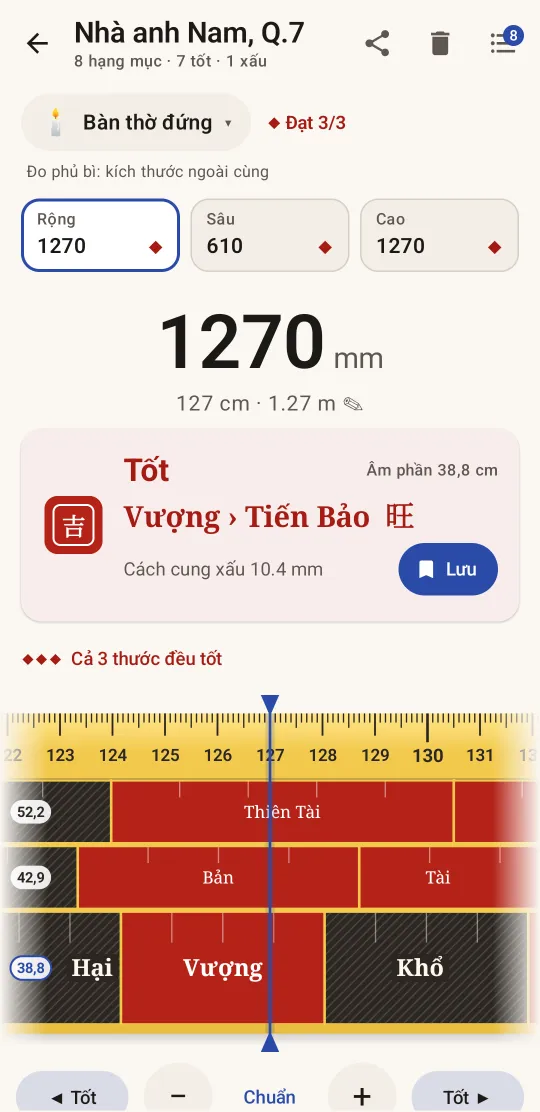 Bàn thờ đứng rộng 1270 mm: Tốt, cung Vượng trên thước âm phần 38,8 cm, đạt 3/3
