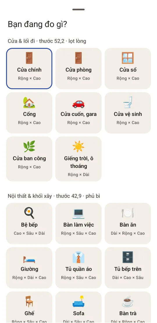 Chọn hạng mục: cửa, cổng, giếng trời, bệ bếp, giường, tủ quần áo